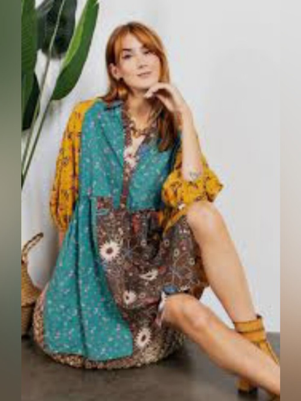 Easel Boho Patchwork Floral Button-Up Dress in Teal, Mustard & Brown